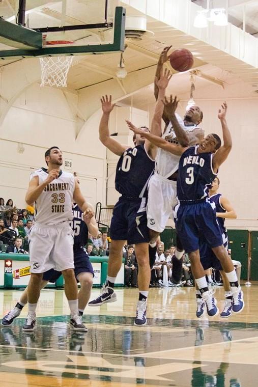 mens basketball sac state:Hornets? center Alpha N?Diaye goes up for a shot during a game on Nov. 5 against Menlo.:File Photo