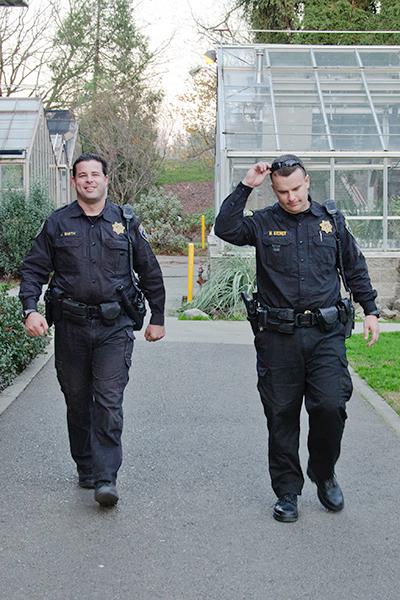 Sac State police officers Jesse Smith and Matt Kroner patrol campus :Sac State police officers Jesse Smith (left) and Matt Kroner (right) patrol campus for increased safety.:Steven Turner - State Hornet
