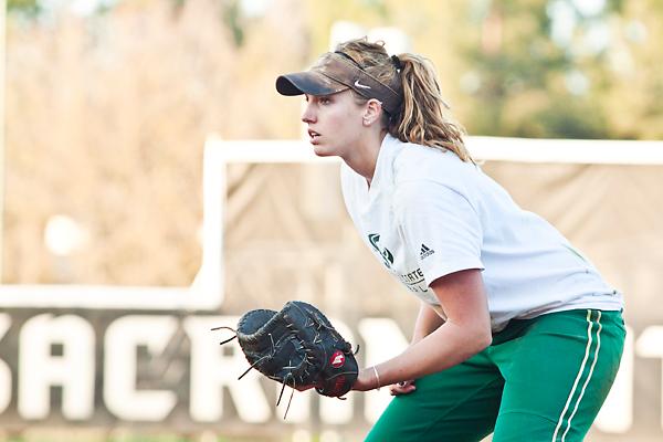 Alyssa Nakken:Alyssa Nakken junior, stands at first base during a practice with her team. Nakken is one of the three softball team captains for the 2011 season. :Ashley Neal - State Hornet