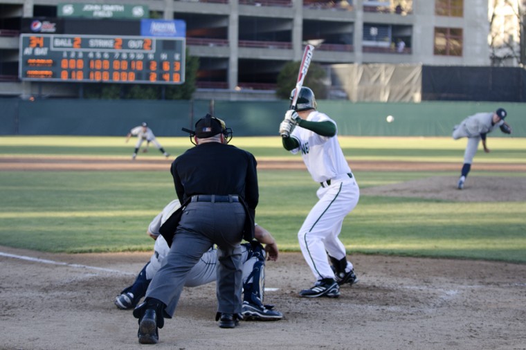 Sac State vs. UCD 2-21-11 3 Young:With the count 2-2 with two outs in the bottom of the 10th, Senior Kirby Young has the game riding on him.:Steven Turner - State Hornet