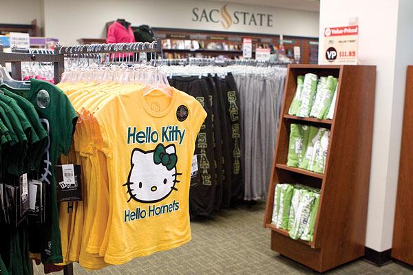 Hello Kitty:For sale at the Hornet Bookstore is a rack of T-shirts some would view as out of place. These candy colored Hello Kitty T-shirts are newly available to Sac State students this year.:Brittany Bradley State Hornet