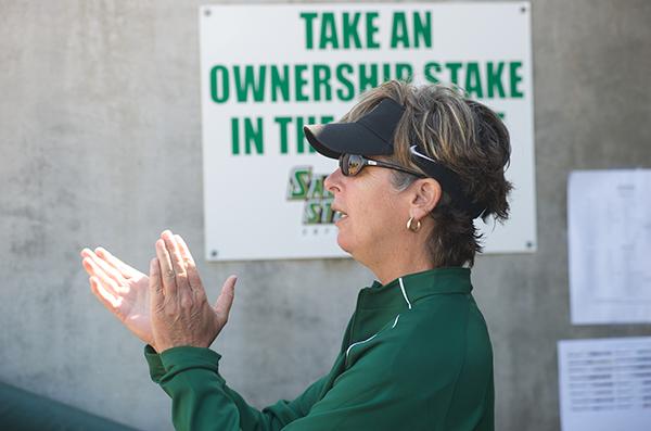 sb:Softball head coach Kathy Strahan has been at Sac State for 18 years. She has also been a softball coach at Cal State Dominguez and San Jose State University.:Photos Courtesy of Bob Solorio 