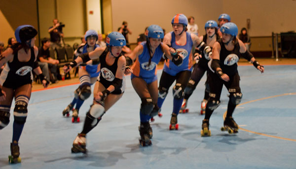 Roller derby teams, the Capitol City Punishers go head to head against the Folsom Prison Bruisers for the Ultimate Derby Radness held in the University Union Ballroom on April 21.