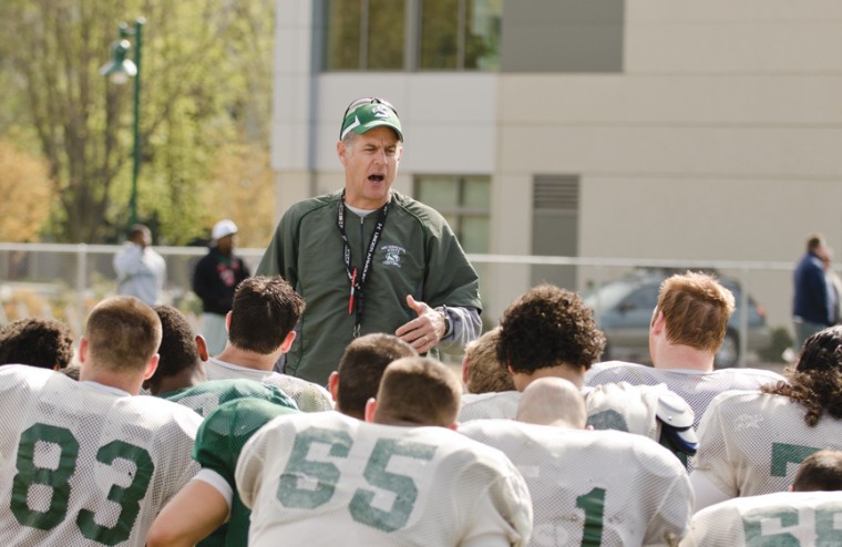 Marshall Sperbeck at spring scrimmage:Sacramento State football head coach Marshall Sperbeck gave a quick speech to his team about the challenges it will face in preparation for the 2011 season after Saturday?s inaugural spring scrimmage.:Steven Turner - State Hornet
