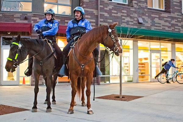 Police officers on horses:Sgt. Lisa Maneggie and officer Bill Lyons patrol the campus. :Nicole Lundgren - State Hornet
