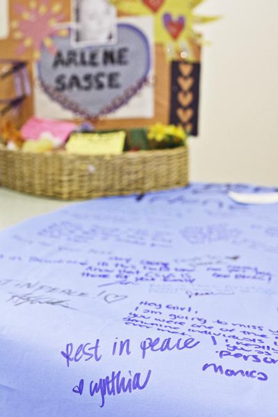Banner for Arlene Sasse:A memorial signed by Sac State students was set up in the Union lobby today in remembrance for Arlene Sasse. Last Friday Sasse, who was a graduating psychology major, was hit and killed by a car at 1:45am while riding her bike across the J St. entrance to campus. :Ashley Neal - State Hornet