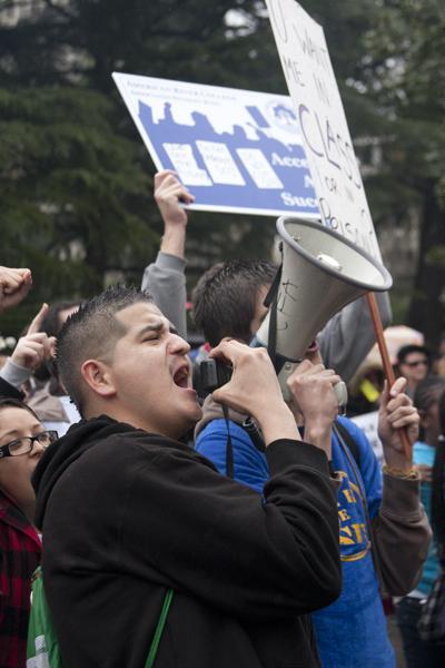 Students using megaphones at March in March:Students use megaphones at the Capitol to voice their opinions about tuition increases and budget cuts to higher education during ?March in March.?:Jesse Sutton-Hough - State Hornet