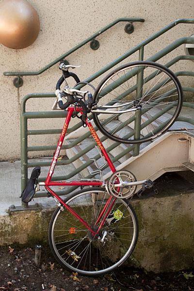 Students around campus continue to think of new and creative
ways to lock up their bicycles, while Sac State's Police Department
encourages everyone to just lock their bikes up in the
designated 
