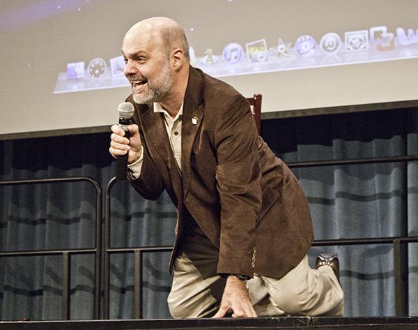 Joe Raiola expresses him true self during his speech on “The Joy
of Censorship,” Thursday Sept. 15.
