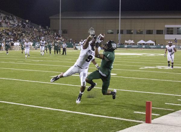 WR Brandyn Reed leaps for the touchdown catch against
Montana.
