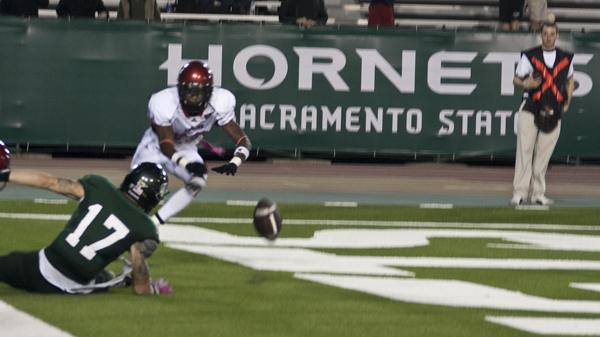 Wide receiver John Hendershott (17) cannot hang on to the ball
during the games final play. Sacramento State lost to Eastern
Waschington 42-35 in overtime.
