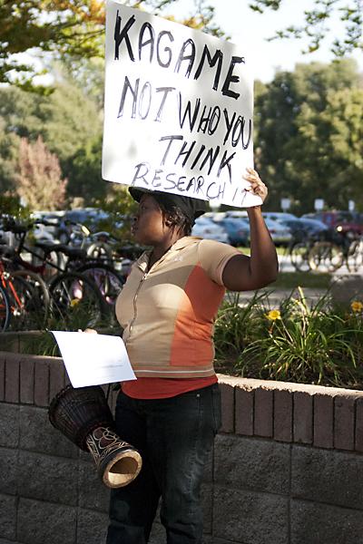Consumnes River College business major Linda Kitenza protests
the Sacramento State-hosted speaker President Paul Kagames
presence on campus. Its so painful to see that Sac State
continues to host this man. Its madness. How many more people must
die? How many more women must be raped, before they realize it is a
mistake to sponsor him, Kitenza said.
