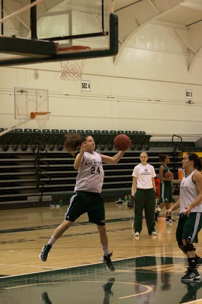 Junior forward Kylie Kuhns collects a rebound during practice.
Kuhns is one of two returning players to the womens basketball
team.
