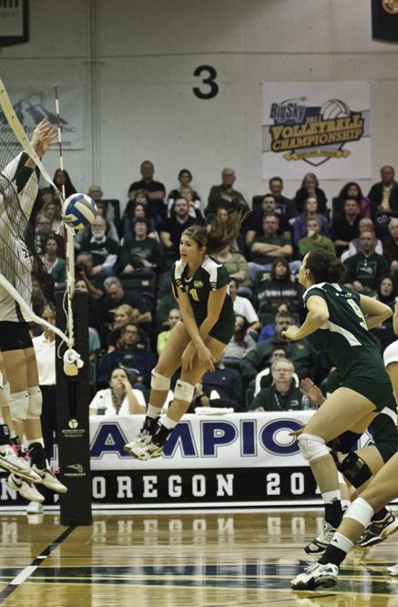 Senior middle Kelsey Elston has her attack blocked by the
Portland State front row. Portland State recorded 15 blocks during
Saturdays Big Sky tournament semifinal match.
