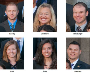 The six students selected for the Capital
Fellows Program (from top right to bottom left): Matthew Easley,
Lisa Lindhorst, Mark Neuburger, Michelle Paul, Amanda Plant and
Motecuzoma Sanchez.




 
