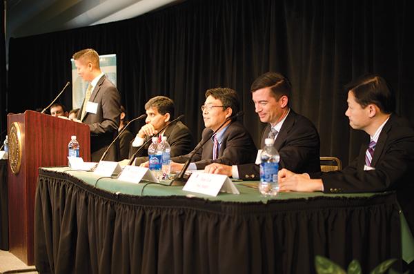 
Brian Leu, equity trader at
CalPERS, addresses the audience during the economy forecast held at
Sac State.
