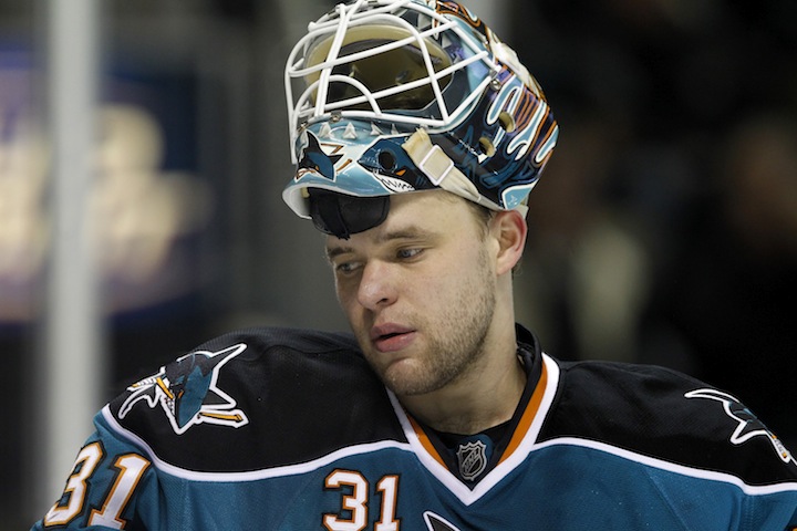 San Jose Sharks goalie Antti Niemi was taken out in the first period Saturday at Nashville after giving up three quick goals. San Jose needs him to stand on his head the rest of the way if they hope to sniff postseason glory. (Josie Lepe/San Jose Mercury News/MCT)
