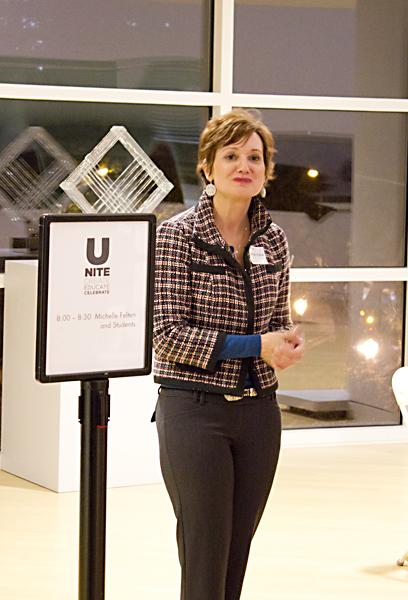 Sacramento State Professor Michelle Felten welcomes visitors to her students’ acting performance Thursday night at the Crocker Art Museum.
 
 
