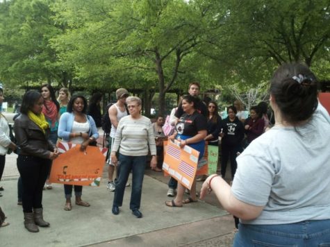 Jessica Heskin (right) speaks to students on Monday to spread sexual assault awareness at Sac State.