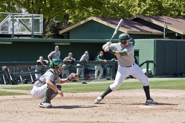 Sacramento State senior Trevor Paine (batting) is playing in his final season as a Hornet after redshirting last year because of a wrist injury.
