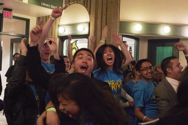 Members of team STRIVE cheer as one of their members gets their name called at the ASI election ceremony. Team STRIVE had more elected officials than the opposing team, Team LEAD.
