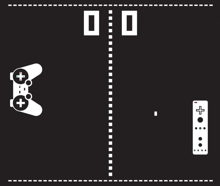 Sergio Pecanha color illustration of Sony Playstation vs Nintendo Wii, set up as paddles in a game of Pong.
