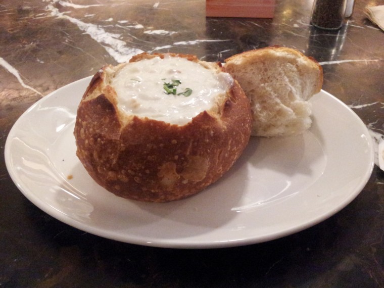 The creamy clam chowder at Boudin can be served in bread bowl for a  additional $1.00.
