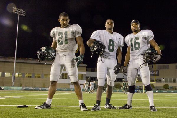 From left: RB No. 21, senior, A.J. Ellis; RB No. 8, junior, Ezekial Graham; and No. 24 (shown as No.16), senior, Sam McCowan.
