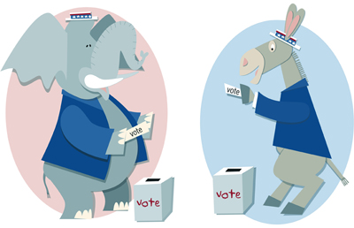 Camille Weber color illustration of a donkey and elephant voting.
