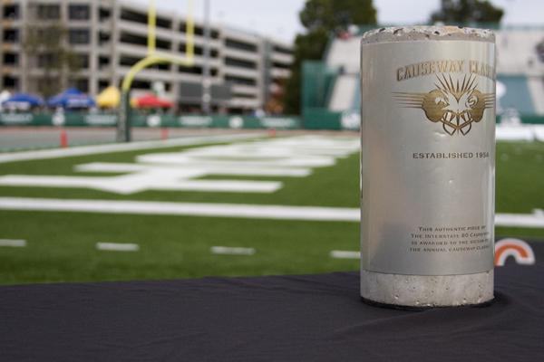 The Causeway Cup sits on the Hornets sidelines in Hornet Stadium during the Causeway Classic on Nov. 19, 2011.
