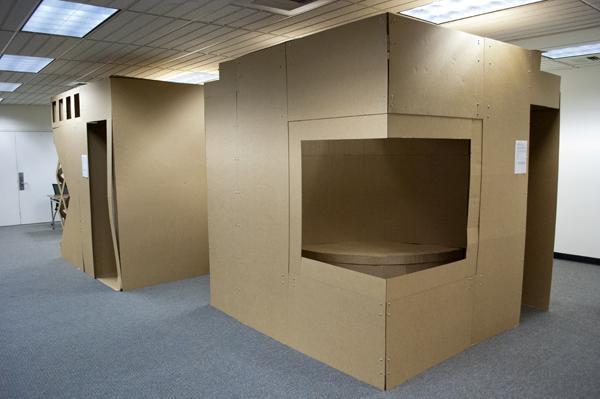 The habitable cubes, built by Sacramento State interior architecture students, were primarily constructed from corrugated fiberboard. They are displayed Nov. 7-19 on the third floor of Sacramento State Library.
