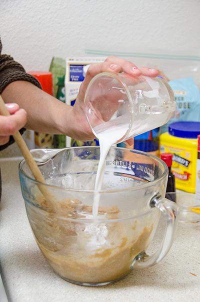 Corn starch mixed with water is added to the peanut butter cookie batter as an egg replacement to make the vegan dessert.
