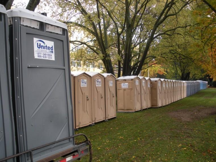 United Site Services set up 168 portable toilets at Sacramento State to prepare for the 19th Annual Run to Feed the Hungry race on Thanksgiving morning.
