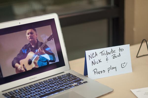The late communication studies professor Nick Trujillos memorial service was held on Tuesday in the Alumni Center. A laptop was set up for attendees to watch a 5-minute video tribute to him as they passed through the display of memorabilia.
