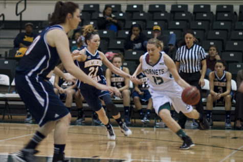 No. 15 Sadie Clements, drives on Northern Arizona's junior Amanda Frost in the first half of the Hornet's 73-67 win at The Nest today.