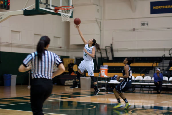 No. 12 Mallorie Franco steals the ball and gets a breakaway layup in the first half of the Jan 31. when the Hornets faced Northern Arizona at The Nest. 
