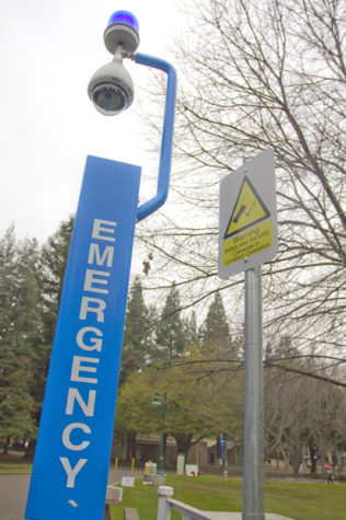 One of more than 150 Blue Phone emergency telephones, this one near the Library Quad acts as a direct line to Sac State police.