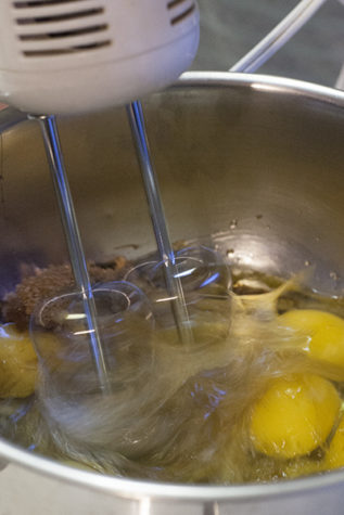 Beat together the eggs and sugar until you create a light fluffy texture.