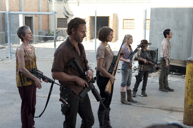 Carol (Melissa Suzanne McBride), Rick Grimes (Andrew Lincoln), Maggie Greene (Lauren Cohan), Beth Greene (Emily Kinney), Carl Grimes (Chandler Riggs) and Glenn (Steven Yeun) 
