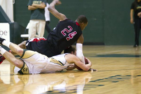 Hornet sophomore guard No. 5, Dylan Garrity makes a diving save for the ball against Eastern Washington Eagles at The Nest on Thursday.
