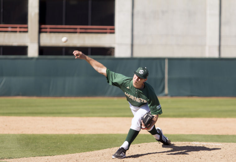 Hornet freshman pitcher No. 24, Sutter McLoughlin, pitched in relief in Sundays game against UC Riverside at John Smith Field.
