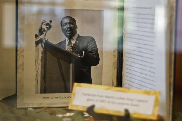 The notes of Martin Luther King Jrs speech made in the 1967 at Sacramento State University, on display at the Sacramento State Multicultural Center.
