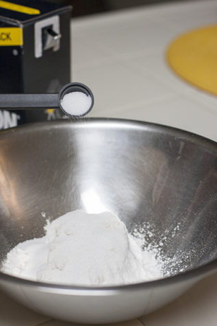 To create the basic pancake batter, combine all of the dry ingredients into a large bowl.
