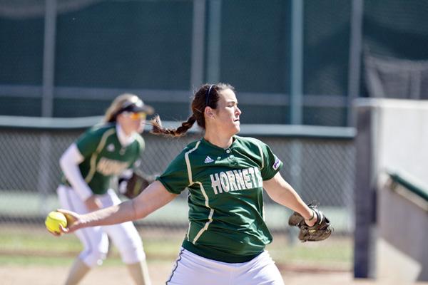 Hornet sophomore pitcher No. 25 Caitlin Brooks pitched a complete game allowing one run on two hits and striking out 10 batters in the Hornets 1-0 to UC Berkeley on Saturday
