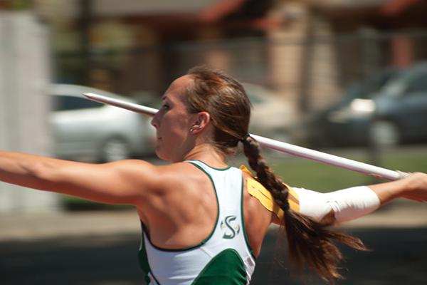 Zarria McKearny throws javelin at causeway classic track meet.
