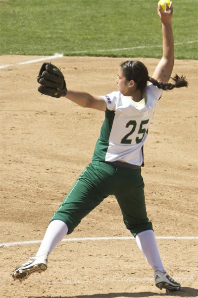 Hornet sophomore pitcher No. 25 Caitlin Brooks pitches to Weber State on Saturday at Shea Stadium. She finished pitching a complete game while only giving up two hits and striking out 11 batters. 
