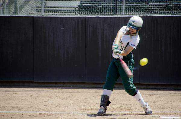 Hornet freshman catcher No. 9 Kortney Solis hits a foul ball in the first inning against Idaho State at Shea Stadium.
