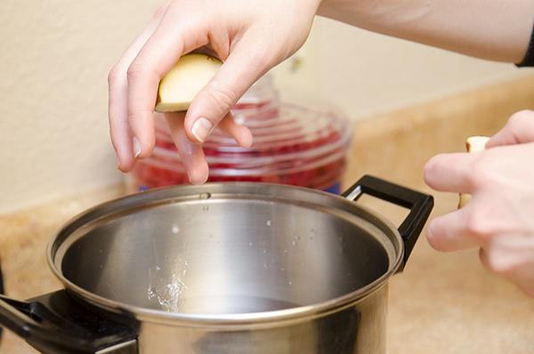 Boil the potatoes until they are tender enough to skewer.
