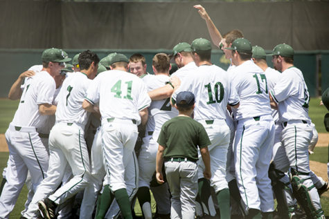Hornet players celebrate their walk off win against San Jose State Sunday at John Smith Field.