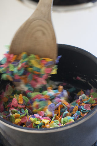 Add in the Fruity Pebbles to make it look like colorful Rice Krispy treats and place in the fridge.